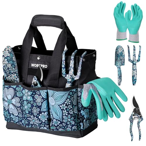 WORKPRO 5PCS Garden Tool Set, Aluminum Heavy Duty Gardening Tool Set Blue flower with bag