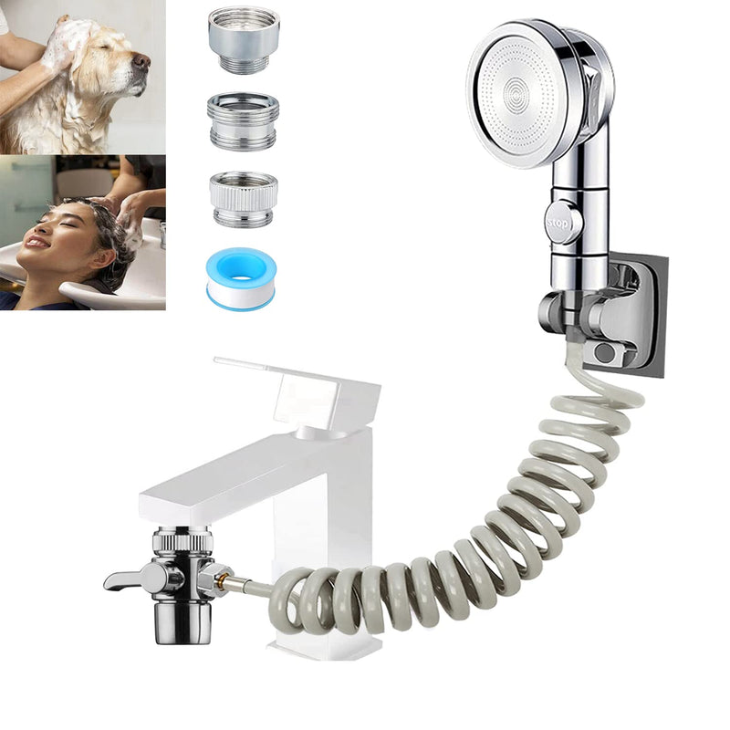 Sink Sprayer Attachment for Faucet, Kitchen Bathroom On/Off Handheld Shower Head with Flexible Hose, Faucet Aerator & Diverter Valve, Connect Different Sink Faucets, for Hair Washing Pet Shower Silver