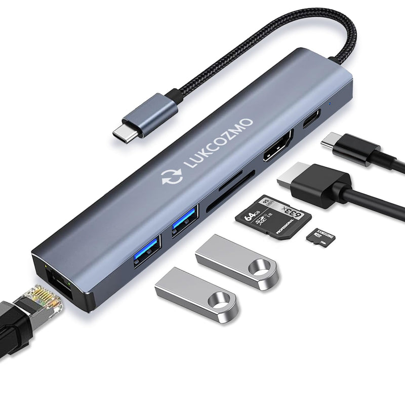 USB Hub 3.0, 7 in 1 USB Hub with 1000M Ethernet, 4K HDMI, 2 USB3.0, 100W PD, SD/TF Card Reader Docking Station Compatible with Your Cell Phone MacBook/Dell/HP/Surface/Lenovo/Steam Deck Dark gray