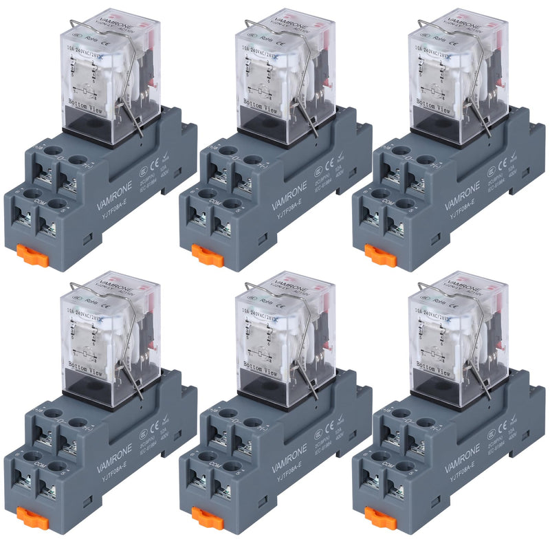 6PCS Electromagnetic Power Relay, 8-Pin 10A 110/120 AC Relay Coil with Socket Base, LED Indicator, DPDT 2NO 2NC - MY2NJ [Applicable for DIN Rail System] AC 110V 8 Pin 6