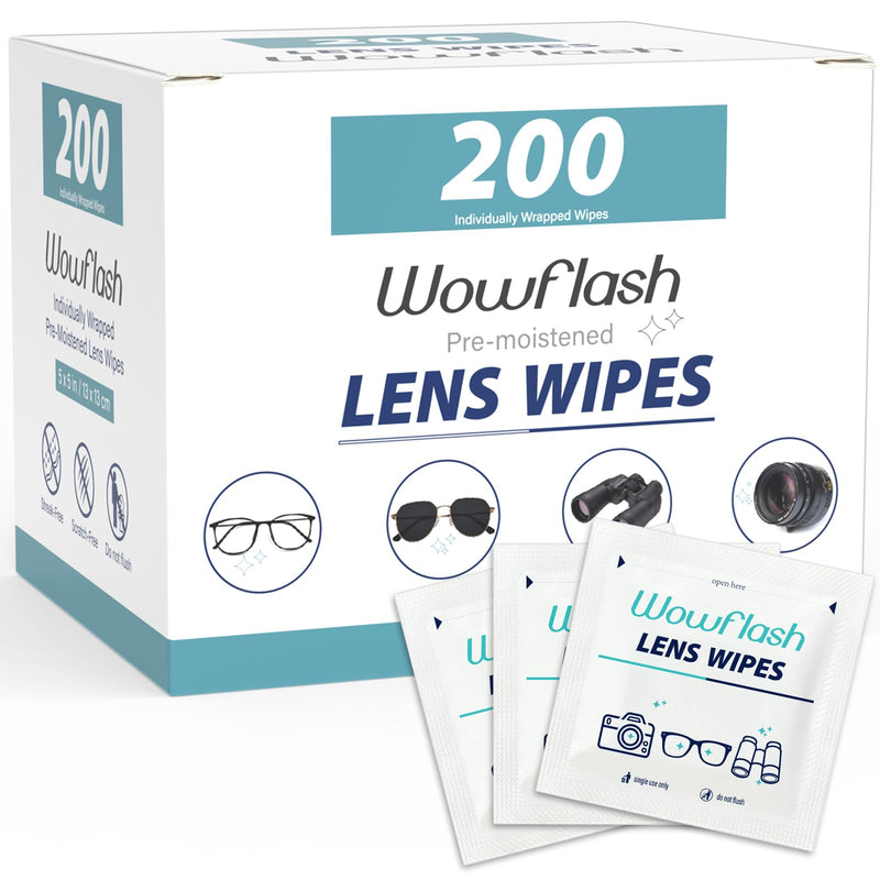 200 Count Lens Wipes for Eyeglasses, Eyeglass Lens Cleaning Wipes Pre-moistened Individually Wrapped Sracth-Free Streak-Free Eye Glasses Cleaner Wipes for Sunglass, Camera Lens, Goggles 200 Count