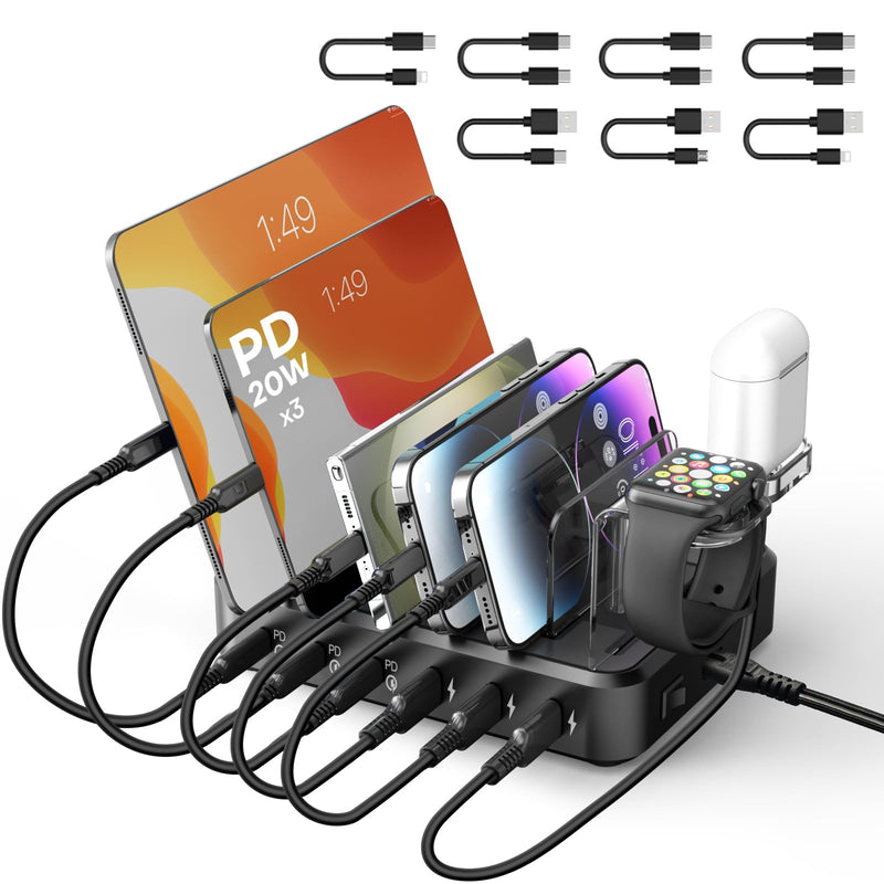 Charging Station for Multiple Devices,75W 6 Port Charger Station with 3 PD 20W USB C Fast Charging Ports,7 Charging Cables,USB C Charging Dock for iPhone iPad,Tablets Android Black