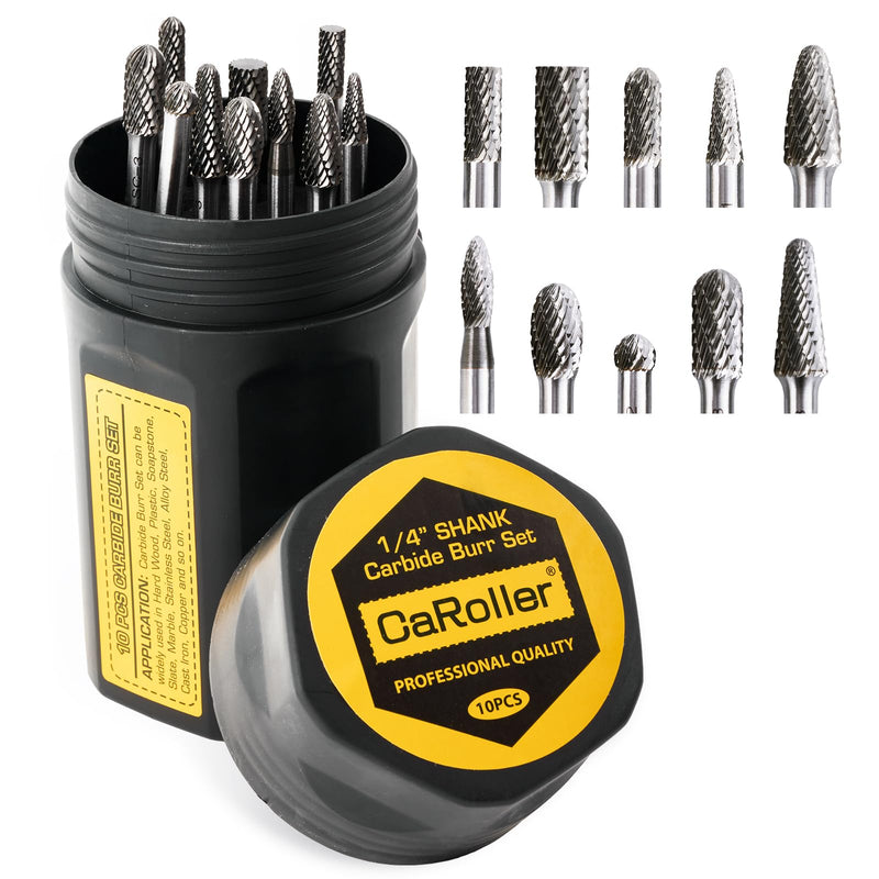 CaRoller Carbide Burr Set, 1/4" Shank 10PC Double Cut Die Grinder Rotary Tool Cutting Burrs Set for Metal and Wood Working Carving, Engraving, Polishing, Grinding with Portable Round Storage Case 10PC 1/4 shank