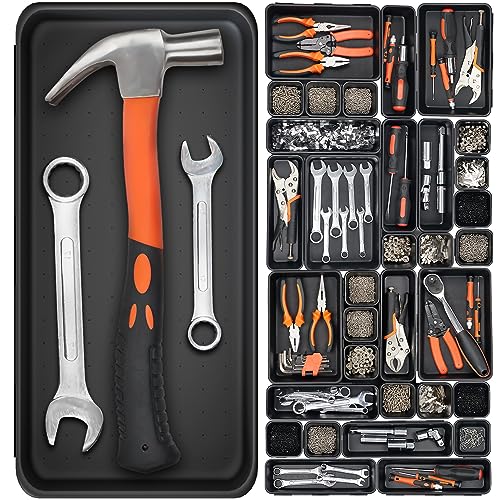 46 Pack 5-Sizes Large 12'' Tool Box Organizer Tray, Tool Box Organizers and Storage, for Hammer, Wrench, Screw, Small Parts Toolbox Organization, Tool Cart Chest Garage Drawer Organizer Tray, Black 5 - Sizes 46PCS - Black