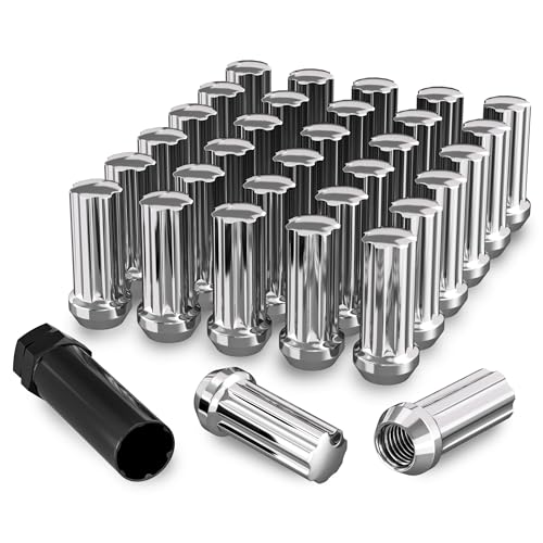 YIZBAP 14mmx 1.5 OEM Lug Nuts, 32Pcs M14x1.5 Lug Nuts with 1 Socket Key Silver 32 PCS