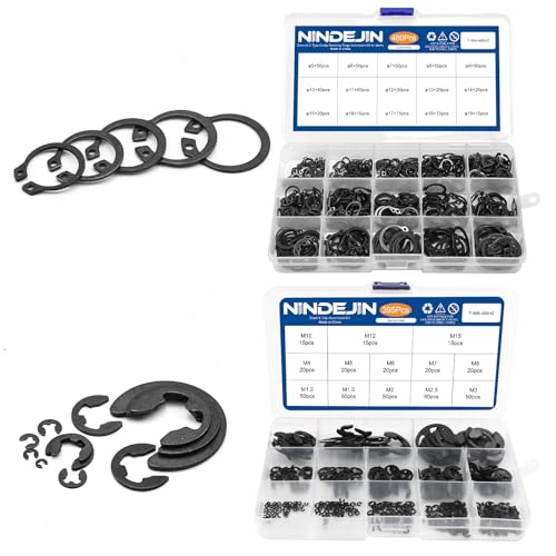 NINDEJIN 480Pcs C-clip Retainer Rings Snap Rings Assortment Kit + 395Pcs E-clip Retaining Rings Assortment Set (Carbon Steel)