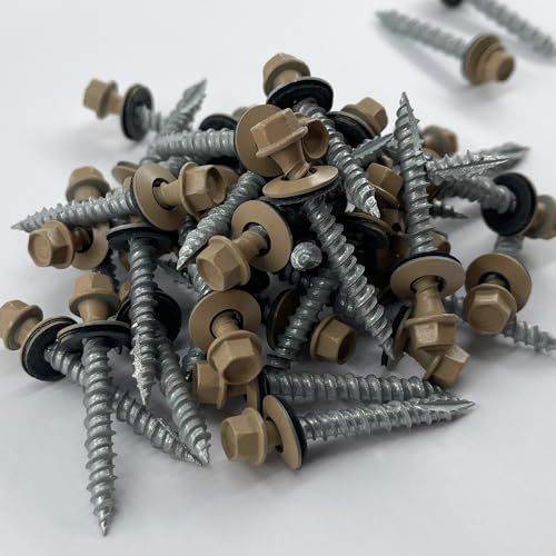 Metal Roofing Screws - #10 x 1.5” – Self Tapping Hex Head - EPDM Rubber Washer-for Metal to Wood, Corrugated, Siding, Sheds, Pancake Screw - ¼” Hex Drive Easy Installation - TAN - Screws (250) 250