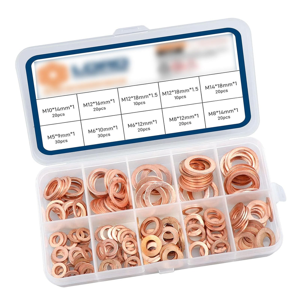 jeseny 200 PCS Flat Washers Assortment Set, Copper Metric Sealing Gaskets, Muti-Sized Sump Plugs, Oil Sealing Replacements M5 M6 M8 M10 M12 M14, Universal for Most Cars, Trucks and Vans (Gold)