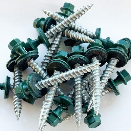 Metal Roofing Screws - #10 x 1.5” – Self Tapping Hex Head - EPDM Rubber Washer-for Metal to Wood, Corrugated, Siding, Sheds, Pancake Screw - ¼” Hex Drive Easy Installation - Green - Screws (250) 250