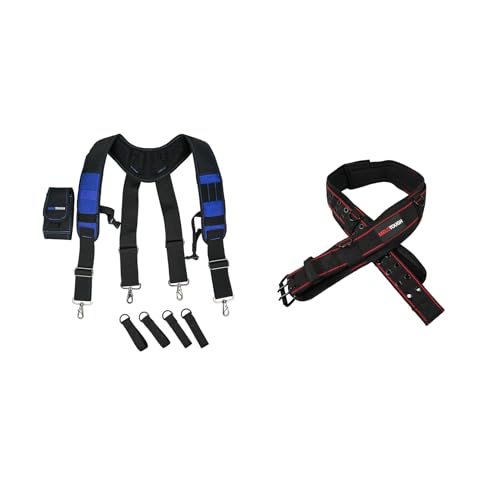 MELOTOUGH Tool Belt Suspenders Construction Work Suspenders with detachable phone holder comfortable foam shoulder padder (Blue) +