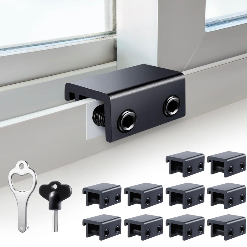 Sliding Window Locks (10 Sets), Security Window Locks with Keys, Adjustable Aluminum Sliding Window Stops, Easy Installation Without Drilling, for Vertical and Horizontal Sliding Windows (Black) 10 Set Double Lock Black