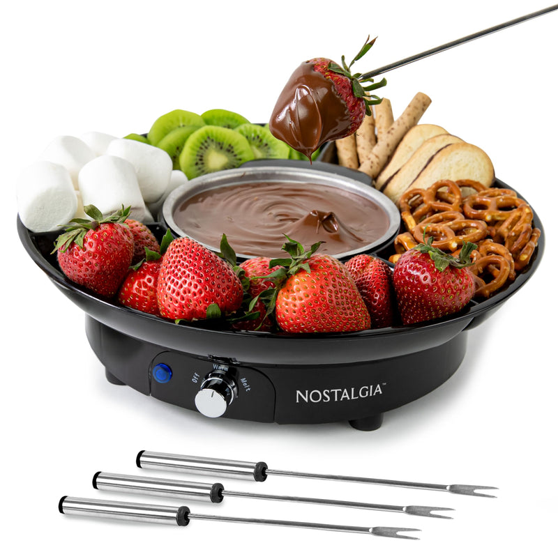 Nostalgia Electric Fondue Party Set – 10 oz Melting Pot, 4 Roasting Forks, & Detachable Serving Tray – Melted Cheese, Chocolate, or Dessert – Perfect for Gifts, Parties, Date Night – Black 10 Ounce Black