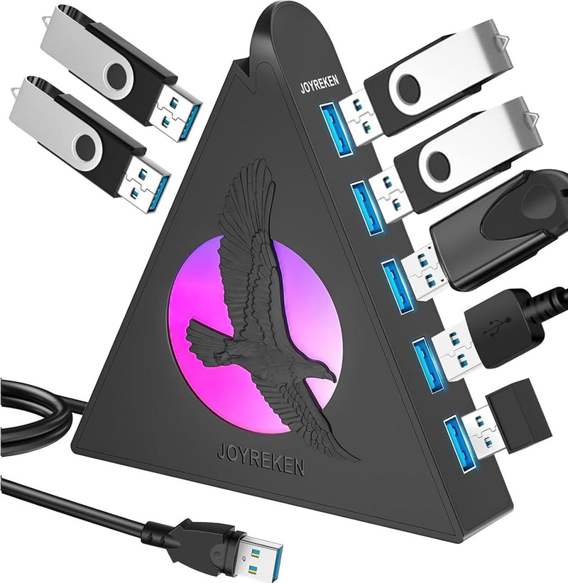7 Port USB Hub, USB 3.0 Data Hub with 2 ft Long Cable,RGB Night Light,Multi Port Gaming Hub for PC, Laptop, Flash Drive, Keyboard, Mouse, Console, Xbox, PS4/PS5, iMac, Flash Drive, HDD 2ft Eagle Black