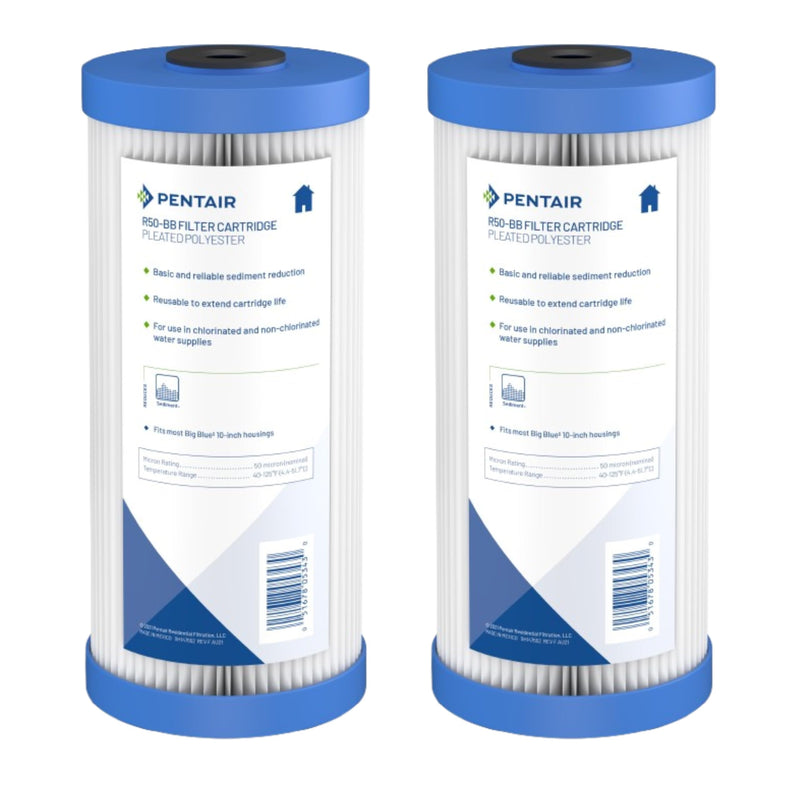 Pentair Pentek R50-BB Big Blue Pleated Polyester Sediment Water Filter, 10" x 4.5", 50 Micron, Whole House Reusable Cartridge, Pack of 2 10" x 4.5"