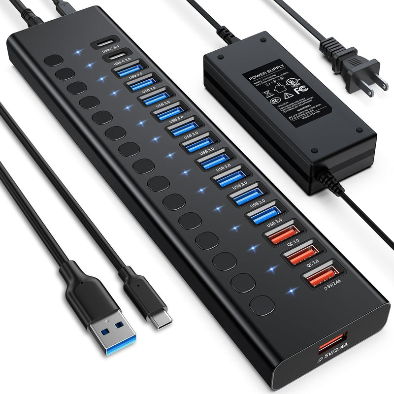 Powered USB Hub, 16-Port USB C Hub Splitter (10 USB 3.0+2 Quick Charging+2 Smart Charging+2 USB C) with Individual Switches, 90W Power Adapter for PC