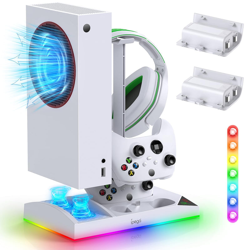 Upgraded RGB Cooling Fan Charging Station for Xbox Series S Console& Controller,Dual Charger Dock Cooler System Stand with 15 Colorful Light Modes Accessories with 2*1400mAH Rechargeable Battery,White White
