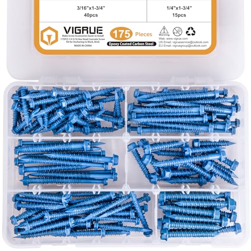VIGRUE 175PCS Concrete Screws Assortment Kit 1/4" x 1-1/4" to 2-1/4" and 3/16" x 1-1/4" to 2-3/4" 175PCS Hex Head Cement Screws Set Diamond Point for Anchoring to Masonry, Block or Brick Slotted Hex