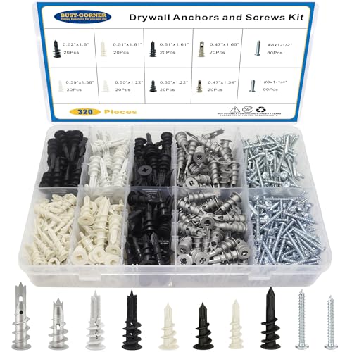 Drywall Anchors and Screws Kit, 320 PCS Self Drilling Wall Anchors and Screws for Drywall,Sheetrock,Hollow Door,Plaster Wall - Zinc Metal & Nylon Plastic Assortment, No Pilot Hole Required