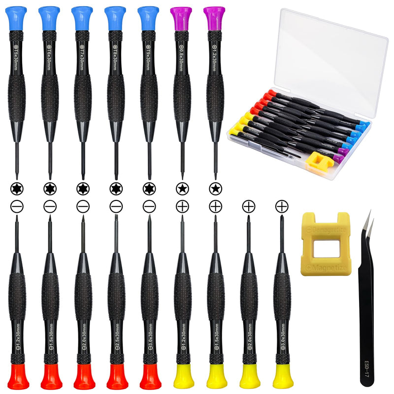 18PCS Mini Precision Screwdriver Set With Case, Lengnoyp Magnetic Small Flathead Phillips Pentalobe Torx Star Screwdriver Set Kit and Tweezers for Repairing Computer Eyeglass Phone Watch 4-color