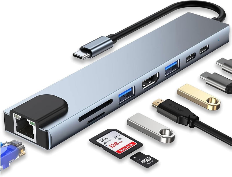 8-in-1 USB C Hub Adapter with HDMI 4K, Ethernet RJ45, USB 3.0, SD/TF Card Reader, PD Charging – Space Gray Multiport Docking Station for MacBook, Laptop, iPad, PC, USB-C Devices