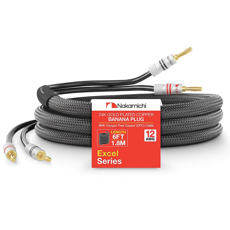 Nakamichi Excel Series 24k Gold Plated Banana Plug with (6 Feet) 12AWG Speaker Cable Wire 99.9% Oxygen-Free Copper (OFC) Heavy Duty Braided for Amplifier Hi-Fi Home Theatre - Black (6ft/1.8m) 6-Feet (1.8m) Black (12 AWG)