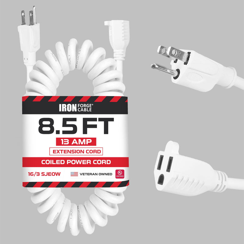 Iron Forge Cable SJEOW White Outdoor Coiled Extension Cord 8 ft, 16/3 13 Amp Oil Resistant & Flame Retardant 3 Prong Coiled Wire for Outdoor & Indoor 1 Outlet