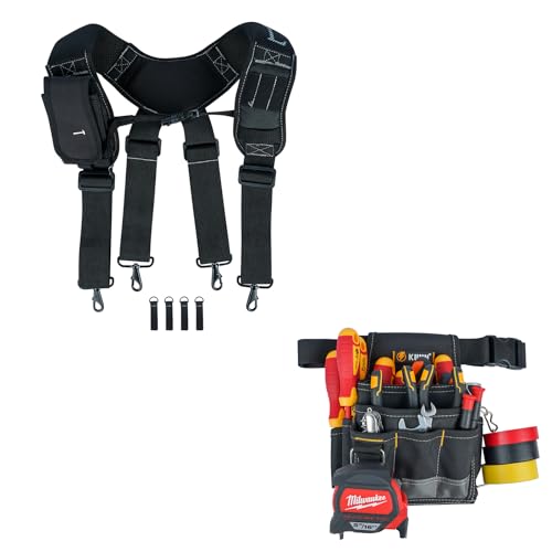 KUNN Tool Belt Suspenders Padded Construction Belt Harness & Electrician Tool Pouch