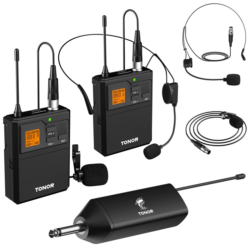 TONOR UHF Wireless Microphone System with Dual Headset Microphones/Lavalier Lapel Mics, Bodypack Transmitters, Mini Rechargeable Receiver, 2x15 Channels 200ft Range, for Recording Speech PA Speaker 2 Bodypack Mics