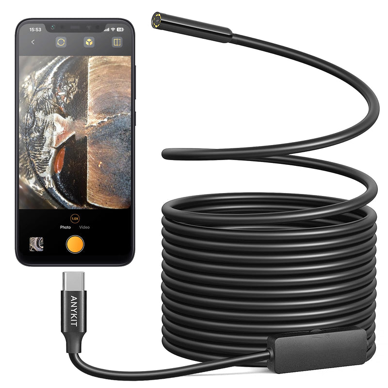 Anykit Type-C Endoscope Camera with Light, 1080P HD Borescope with 8 Adjustable LED Lights, Inspection Camera with Semi-Rigid Cable, IP67 Waterproof Home Use Snake Cam for Phone & Tablet (16.5ft) 16.5ft