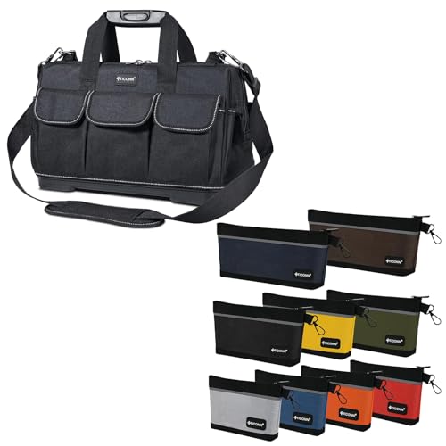 TICONN 16in Tool Bag with Waterproof Molded Bottom+ Tool Pouches with Zipper(9 Pack Combo)