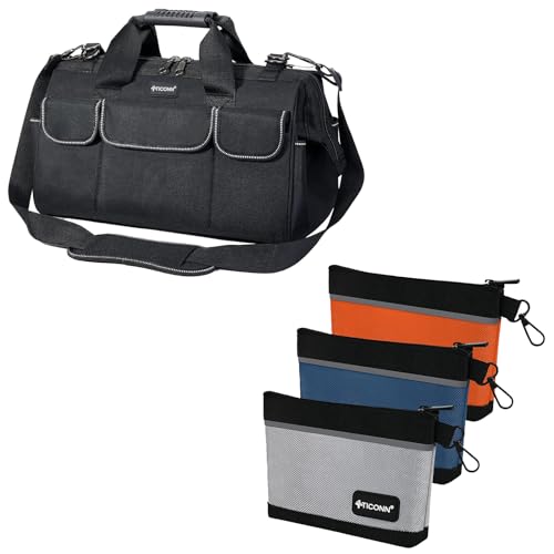 TICONN 16inch Tool Bag with Waterproof Soft Bottom+ Tool Pouches with Zipper (Pack of 3, Small)