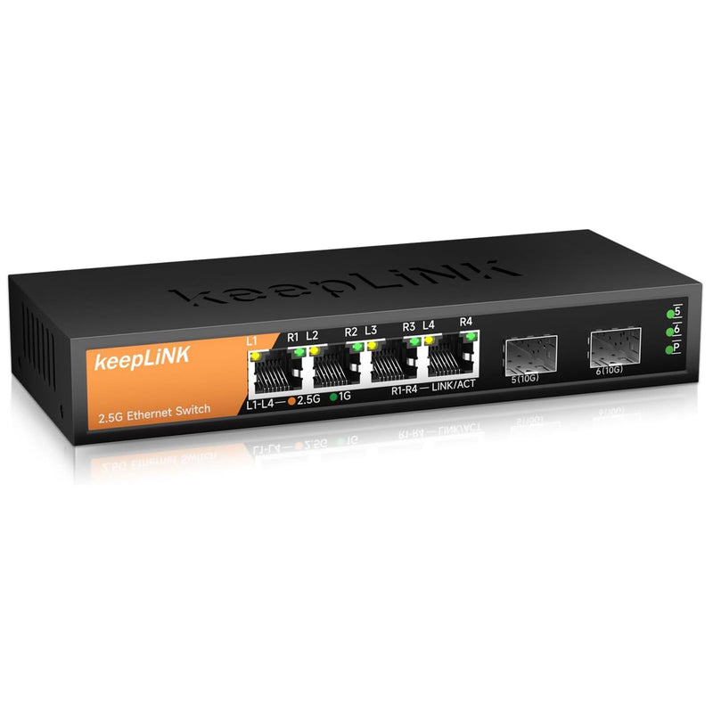 6-Port 2.5G Switch Unmanaged, 4 x 2.5GBASE-T Ports & 2 x 10GBASE-T SFP Slots, 60Gbps Switching Capacity, Plug & Play/Wall Mountable/Fanless Metal, Compatible with 1000Mbps Devices 6 Port 2.5G Switch