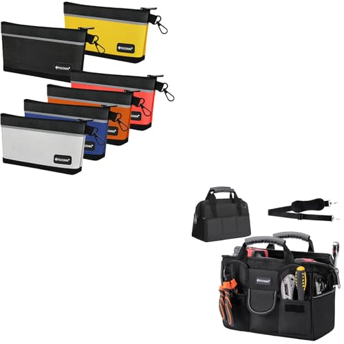 TICONN Tool Pouches with Zipper (6 Pack Combo) + Heavy Duty Tool Bag with Multi-Pockets (12" Standard Base)