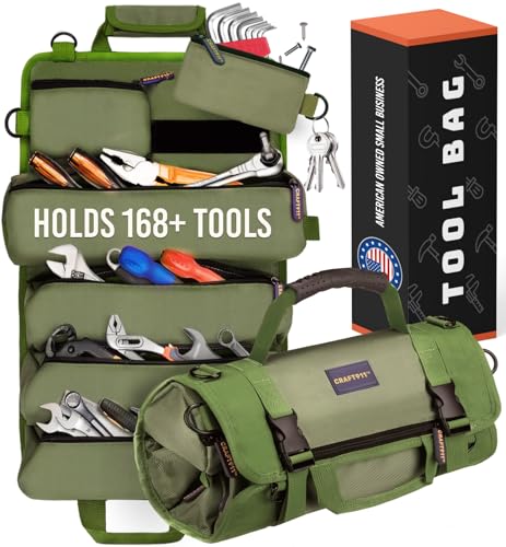 CRAFT911 Durable Tool Bag Organizers w/Detachable 6 Tool Pouches – Small Roll Up Bag | Compact & Lightweight Roll Up Tool Bag Organizer for Electrician, Mechanic, Hobbyist – Green
