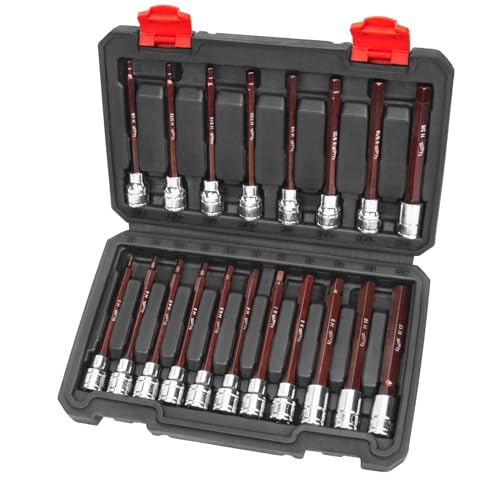 LLNEDL 3/8 Inch Drive Long Allen Hex Bit Socket Set, 19-Piece Hex Head Standard SAE & Metric Sockets (1/8"-3/8", 3-12mm), S2 Alloy Steel Durable Tools for Mechanics 19pcs 3/8 inch socket set