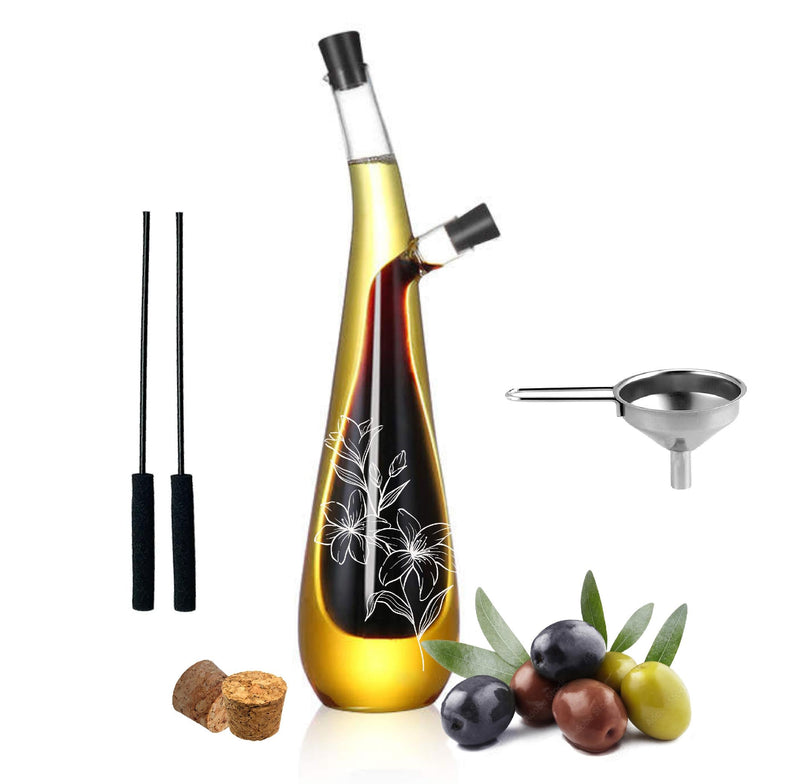Oil and Vinegar Dispenser Bottle - Handblown Glass with Elegant Floral Etched Design - Premium Glass Salad Dressing Bottle - Olive Oil and Vinegar Dispenser Set - 12 oz