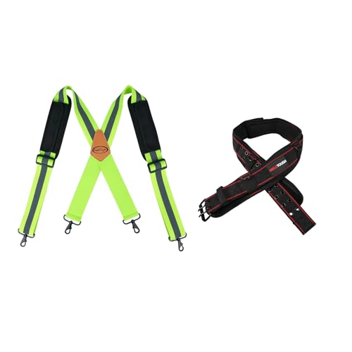 MELOTOUGH High Visibility Tool Belt Suspenders Safety Reflective Tool belt Harness with Movable shoulder Pads + Padded Tool Belt with D ring, adjustable waist 33'-47 'thick confortable foam