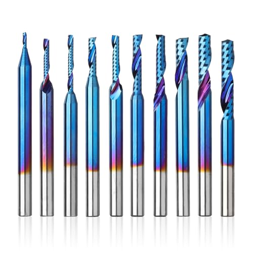 Genmitsu 1/8 Inch Shank 10pcs Carbide Spiral O Flute (Single Flute) End Mill CNC Router Bits, 91.5 Higher HRA Nano Blue Coat, Perfect for Metal Carving Aluminum Copper Wood Acrylic PVC PCB, OS10B 1/8" Shank O-Flute for Metal Carving 10pcs