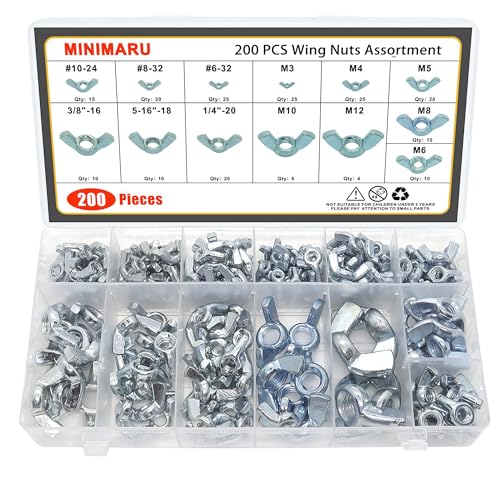 200 PCS Butterfly Wing Nuts Assortment Kit, SAE Metric 13 Sizes Carbon Steel Wing Nuts Fasteners, 1/4"-20, 5/16"-18, 3/8"-16, #6, #8, #10, M3, M4, M5, M6, M8, M10, M12