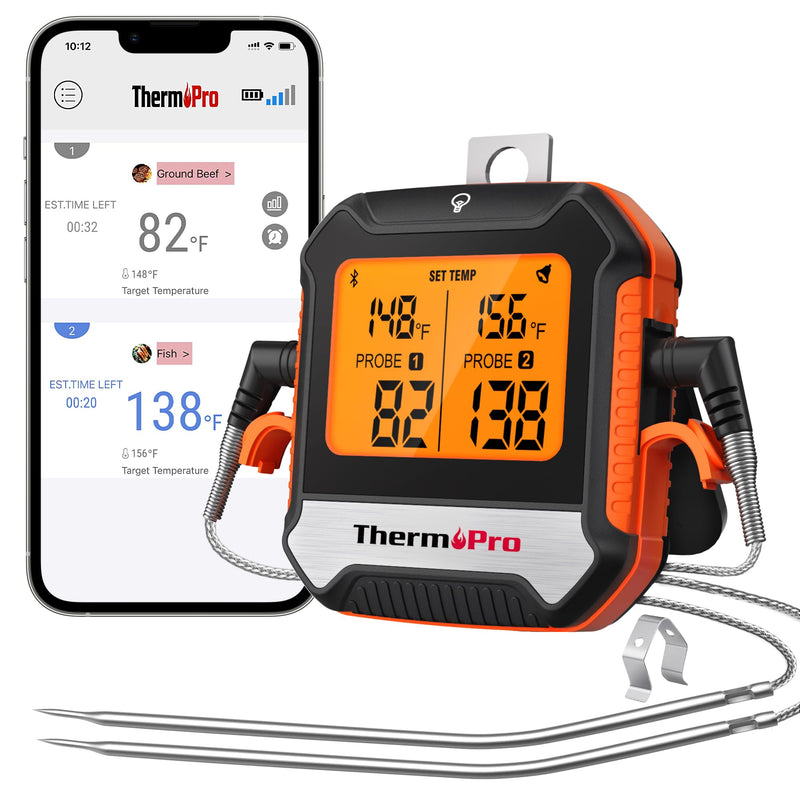 ThermoPro 450 ft Bluetooth Meat Thermometer with 2 Probes, Meat Thermometer Digital Wireless for BBQ Oven, Smoker Thermometer for Cooking Chicken Steaks Poultry 2 Probes-Waterproof