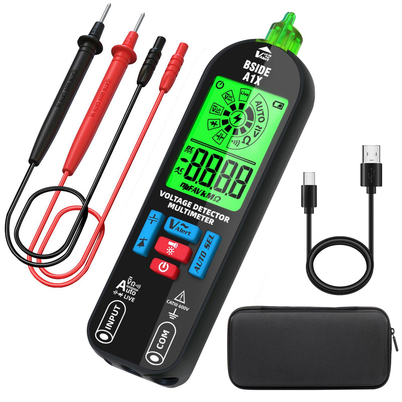 BSIDE Digital Multimeter Tester Rechargeable Electrical Voltmeter, Smart Mode with Red & Green Backlight, Measures Capacitance Diode Ohm Continuity V-Alert DC AC Voltage with Carrying Case A1X with Bag