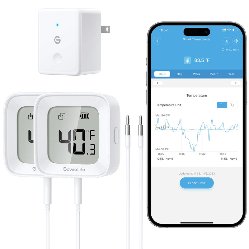 GoveeLife WiFi Refrigerator Thermometer with Alarm, Wireless Digital Freezer Temperature Gauge with App Control, LCD Display, 2 Years Free Data Export, for Home Kitchen Fridge Hot Tub 2 Pack 1 Gateway + 2 Sensor