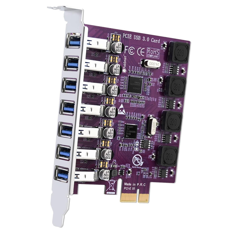 7X 5Gbps USB-A Ports PCIE USB 3.0 Expansion Card for Windows 11, 10, 8.x, 7, Vista, XP Desktop PCs, Built in FebSmart Self-Powered Technology, No Need Additional Power Supply (FS-U7L-Pro) FS-U7L-Pro Purple