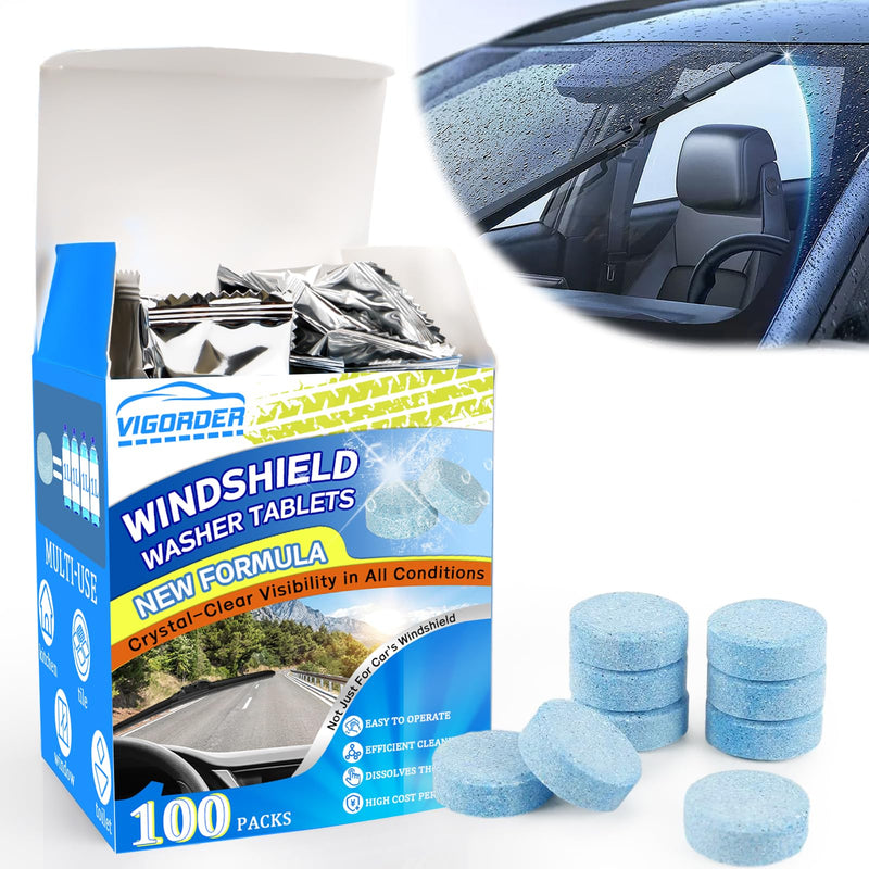 100 Pieces Windshield Washer Tablets, Economy 100 Gallons Windshield Wiper Fluid, 1 Piece Makes 1 Gallons, Professional Car Window Cleaner, Remove Glass Stains, (Winter: Use With De-Icer or Methanol) 100 Pieces