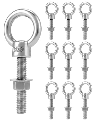 QWORK Threaded Eyebolts, 10 Pack 3/8" x 2" Long 304 Stainless Steel Marine Grade Shoulder Eye Bolt 3/8" x 2" 10 Pack - 304