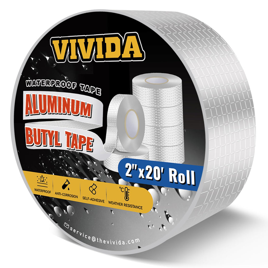 VIVIDA Aluminum Butyl Tape 2 Inch × 20 Feet, Butyl Waterproof Tape, Aluminum Foil Butyl Sealing Tape for Outdoor Use, Corrosion Resistant, Repair for Metal Roofing, RV, Windows, 1 Roll 2"×20′ (1 Roll)