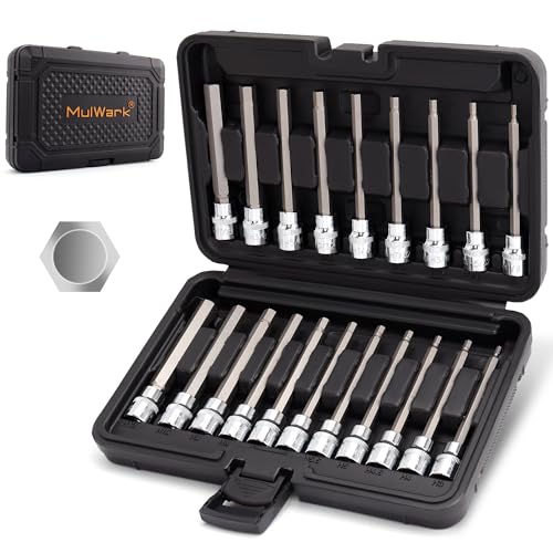 Mulwark 20PC 3/8" Drive Extra Long Allen Hex Bit Socket Set - Long Allen Socket Set contain Metric Allen Sockets 3mm - 12mm | SAE Hex Sockets 1/8'' - 7/16'' with Storage Case for Repair and Assembly Bright Silver Medium 20PCS Long Hex Socket Set 20