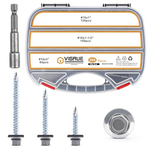 VIGRUE 300PCS Metal Roofing Screws #10x1#10x1-1/2#10x2, Galvanized Hex Head Sheet Metal Roof Screw, Self Starting Metal to Wood Siding Screws EPDM Washer