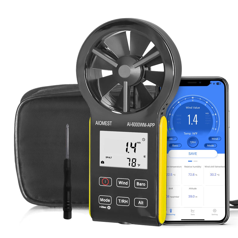 AIOMEST 6000WM-APP Digital Anemometer Handheld Wind Meter Wind Meter CFM Wind Speed Meter with MAX/MIN/AVG for Wind Speed Temperature Wind Chill Tester, HVAC