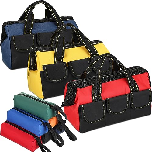 Sanwuta 9 Pcs Tool Bag for Men 3 Heavy Duty Wide Mouth Tool Bags and 6 Small Waterproof Pouch Tote for Electrician Carpenter Mechanic Father's Day Christmas Gifts(16 Inch,Blue Red Yellow) Blue Red Yellow 16 Inch
